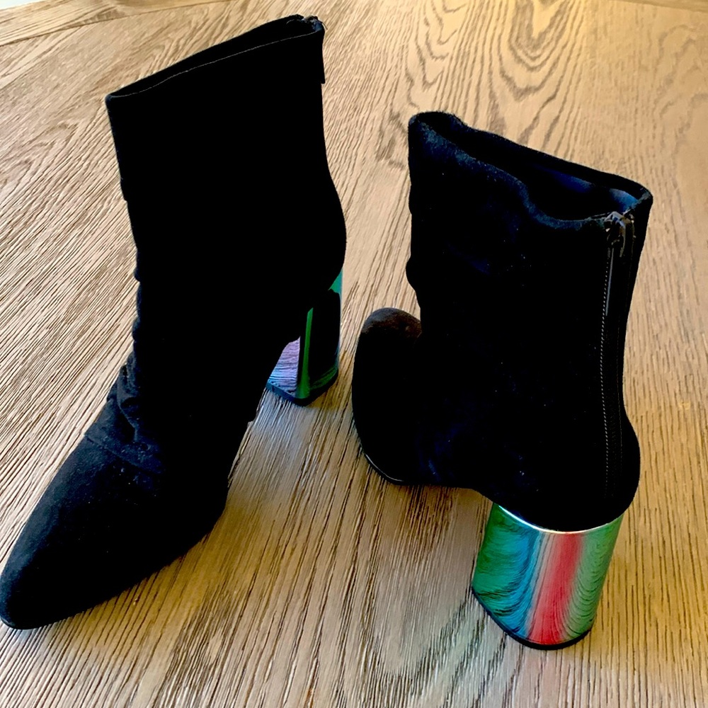 Zara Black Suede Ankle Boots with Iridescent Metallic Heel